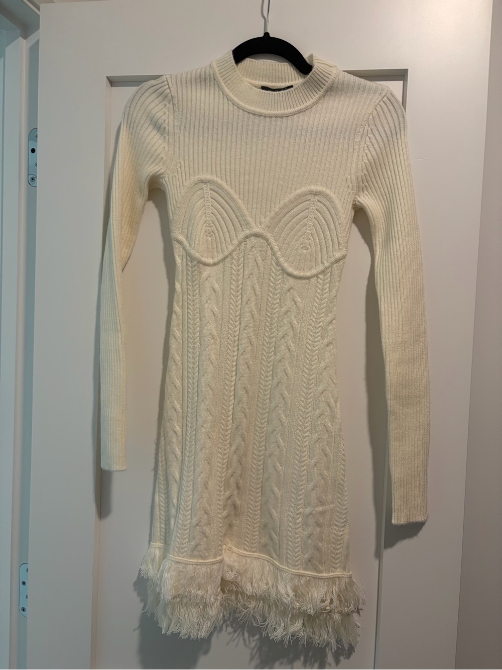 MAJORELLE Cream Cable-Knit Fringe Hem Long Sleeve Dress